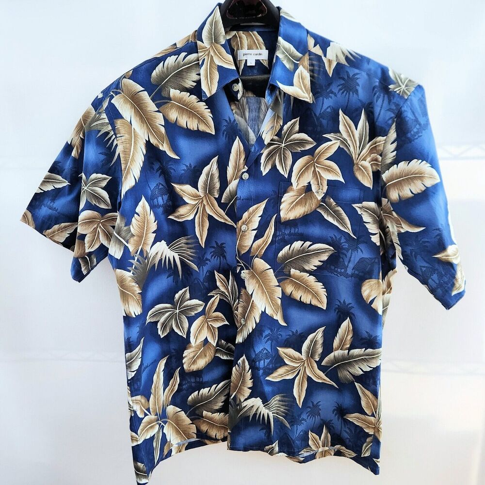 Men's Vintage Pierre Cardin Aloha Hawaiian Shirt Blue Tan 100% Cotton L Large